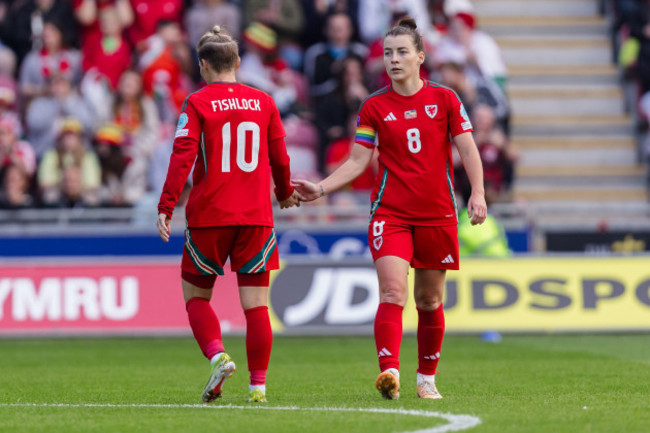 llanelli-wales-31-may-2024-wales-angharad-james-and-wales-jess-fishlock-during-the-uefa-womens-euro-2025-qualifier-league-b-match-between-wales