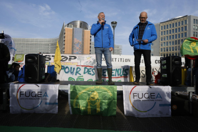 brussels-belgium-13th-nov-2024-speeches-are-held-at-a-protest-action-of-various-european-farmers-associations-against-the-eu-mercosur-trade-agreement-wednesday-13-november-2024-in-brussels-the-o