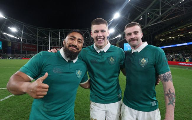 bundee-aki-sam-prendergast-and-mack-hansen-after-the-game