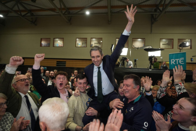 irish-premier-simon-harris-celebrates-after-being-re-elected-to-the-dail-parliament-as-a-td-for-wicklow-on-the-first-count-at-the-election-count-centre-at-shoreline-leisure-greystones-in-co-wicklow-a