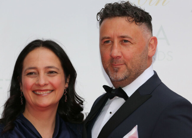 dublin-ireland-7th-may-2023-catherine-martin-td-minister-for-tourism-culture-arts-gaeltacht-sport-and-media-and-francis-noel-duffy-arriving-on-the-red-carpet-at-the-irish-film-and-television-a
