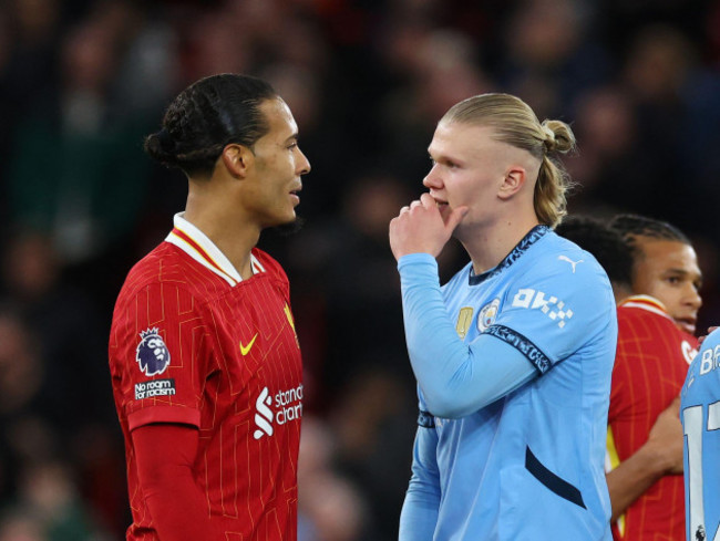 liverpool-uk-1st-dec-2024-liverpools-virgil-van-dijk-talks-manchester-citys-erling-haaland-at-the-final-whistle-during-the-premier-league-match-at-anfield-liverpool-picture-credit-should-read