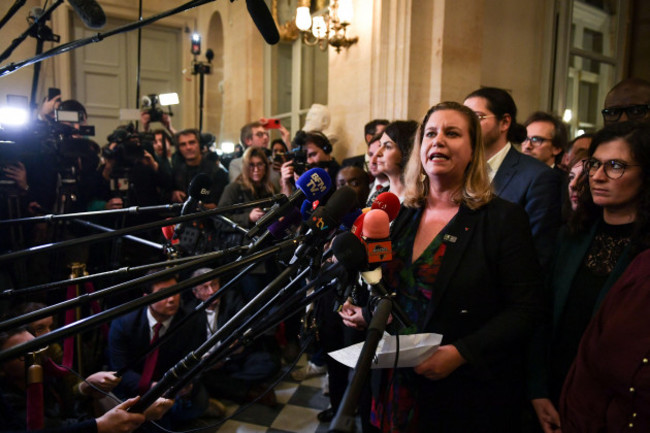 french-mp-for-and-president-of-the-la-france-insoumise-nouveau-front-populaire-group-mathilde-panot-speaks-to-the-press-after-a-session-of-a-debate-and-vote-on-two-motions-of-censure-at-the-nation