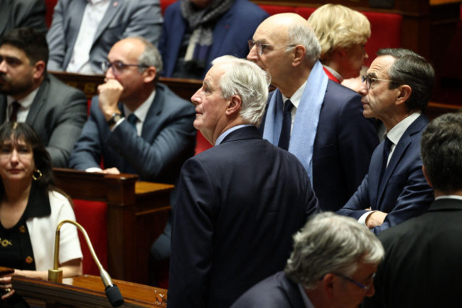 french-prime-minister-michel-barnier-with-french-justice-minister-didier-migaud-and-french-interior-minister-bruno-retailleau-after-the-result-during-the-debate-prior-to-the-no-confidence-votes-on-pri