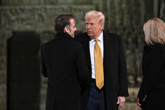 paris-france-07th-dec-2024-l-to-r-french-president-emmanuel-macron-us-president-elect-donald-trump-and-brigitte-macron-attend-the-welcome-ceremony-at-official-reopening-ceremony-of-notre-dame