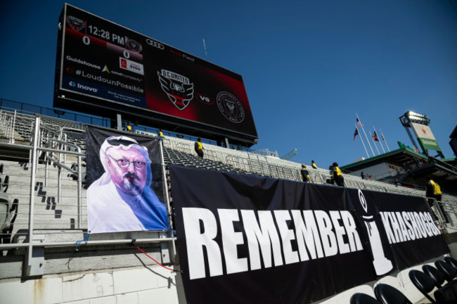 washington-usa-16th-mar-2024-banners-remembering-jamal-khashoggi-an-american-based-saudi-journalist-and-dissident-are-seen-before-a-dc-united-vs-inter-miami-cf-match-in-major-league-soccer-mls