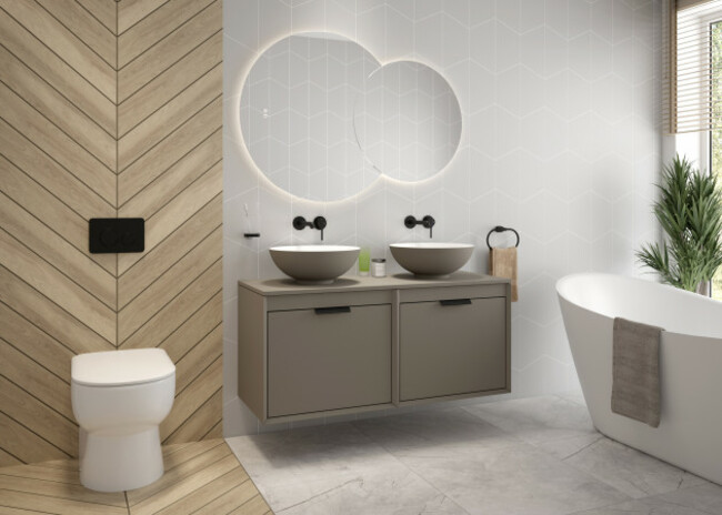 Sonas FJORD 120cm wall hung countertop vanity unit with black handles. RRP €1,495. sonasbathrooms.com