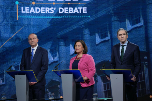 left-to-right-tanaiste-and-fianna-fail-leader-micheal-martin-sinn-fein-leader-mary-lou-mcdonald-and-taoiseach-and-fine-gael-leader-simon-harris-during-the-final-tv-leaders-debate-at-rte-studios-i