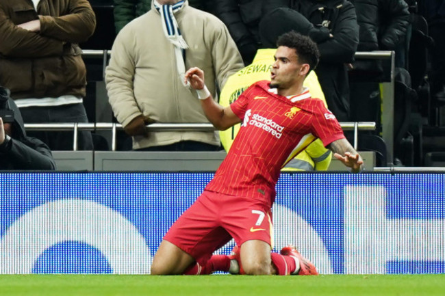 london-uk-22nd-dec-2024-luis-diaz-of-liverpool-celebrating-his-goal-to-make-it-0-1-during-the-tottenham-hotspur-fc-v-liverpool-fc-english-premier-league-match-at-the-tottenham-hotspur-stadium-lon