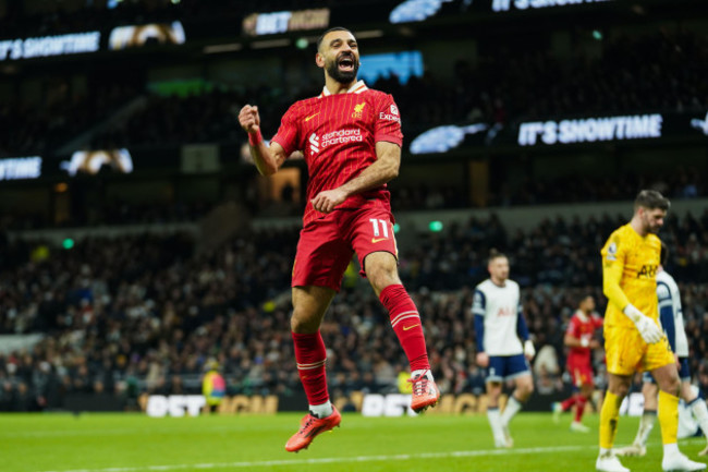 london-uk-22nd-dec-2024-mohamed-salah-of-liverpool-celebrating-his-goal-to-make-it-1-5-during-the-tottenham-hotspur-fc-v-liverpool-fc-english-premier-league-match-at-the-tottenham-hotspur-stadium