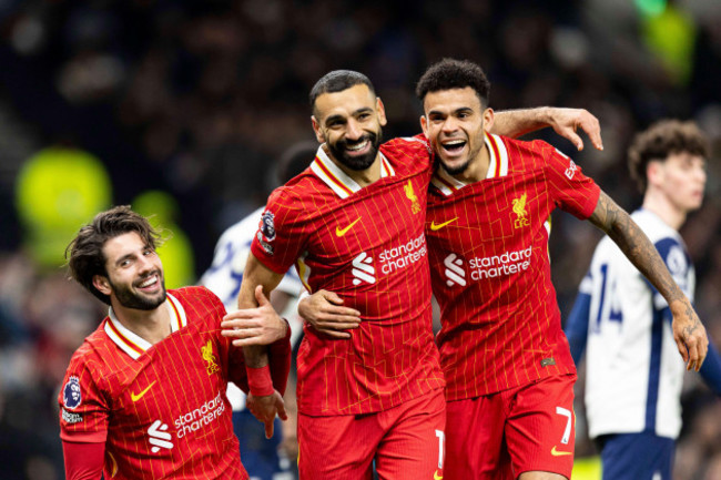 london-uk-22nd-dec-2024-mohamed-salah-of-liverpool-c-celebrates-with-teammate-luis-diaz-of-liverpool-after-scoring-his-sides-fourth-goal-premier-league-match-tottenham-hotspur-v-liverpool-at-t