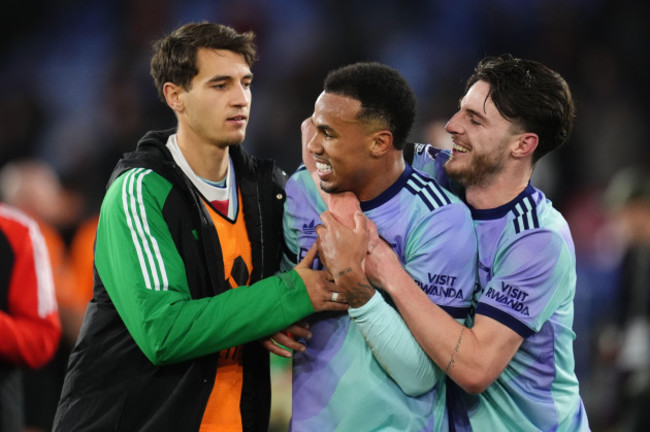 arsenals-jurrien-timber-centre-and-arsenals-declan-rice-right-celebrate-after-the-premier-league-match-at-selhurst-park-london-picture-date-saturday-december-21-2024