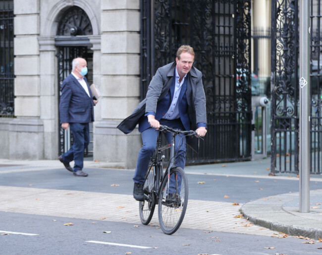 fianna-fails-jim-ocallaghan-leaving-the-dail-in-dublin-where-protests-from-members-of-extinction-rebellion-took-place-picture-date-wednesday-september-15-2021