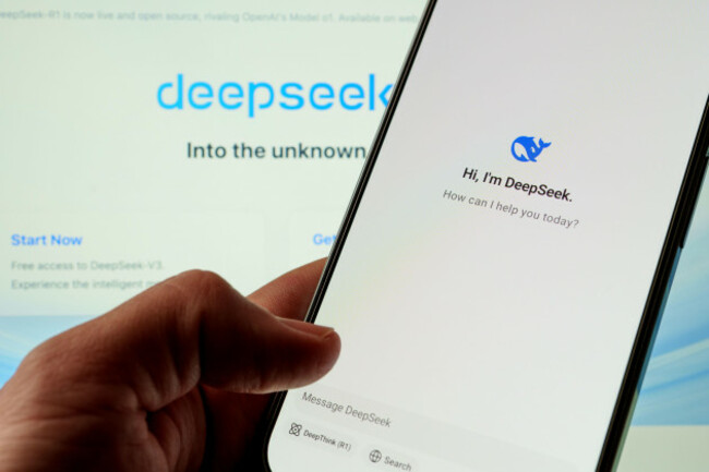 deepseek-ai-assistant-app-seen-on-the-smartphone-and-the-company-website-on-the-blurred-background-stafford-united-kingdom-january-26-2025