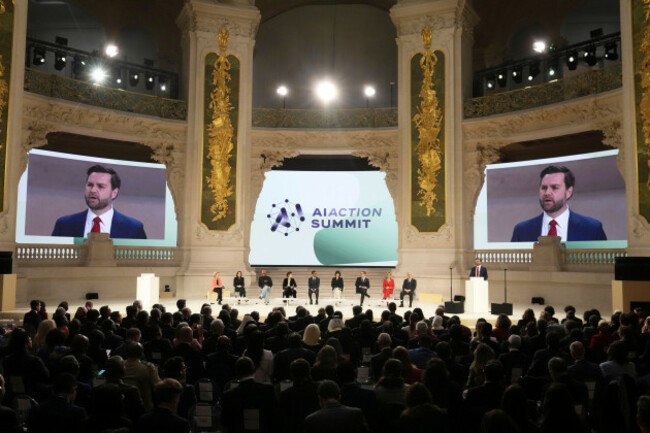 Vance speaking at the AI Action Summit held at the Grand Palais in Paris, France.