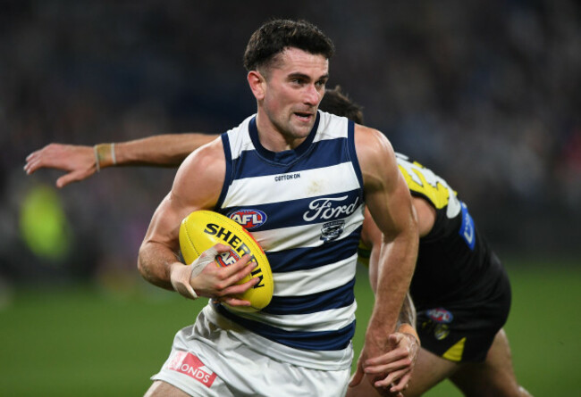 geelong-australia-01st-june-2024-mark-oconnor-of-the-cats-is-seen-in-action-during-the-afl-round-12-match-between-the-geelong-cats-and-the-richmond-tigers-at-gmhba-stadium-in-geelong-in-geelong
