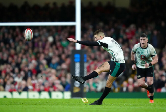 irelands-sam-prendergast-scores-a-penalty-during-the-guinness-mens-six-nations-match-at-the-principality-stadium-cardiff-picture-date-saturday-february-22-2025