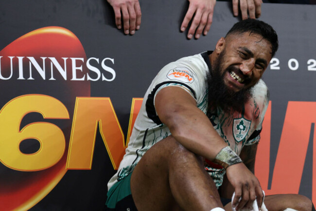 cardiff-uk-22nd-feb-2025-bundee-aki-of-ireland-celebrates-after-the-game-guinness-six-nations-championship-2025-match-wales-v-ireland-at-the-principality-stadium-in-cardiff-on-saturday-22nd-febr