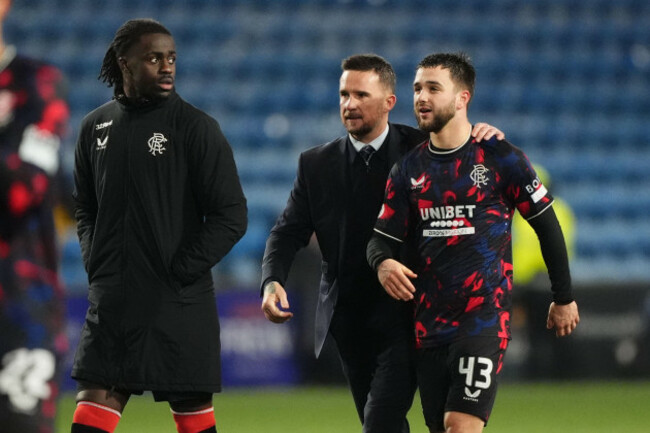 rangers-interim-head-coach-barry-ferguson-and-nicolas-raskin-right-celebrate-after-the-william-hill-premiership-match-at-the-bbsp-stadium-rugby-park-kilmarnock-picture-date-wednesday-february-26