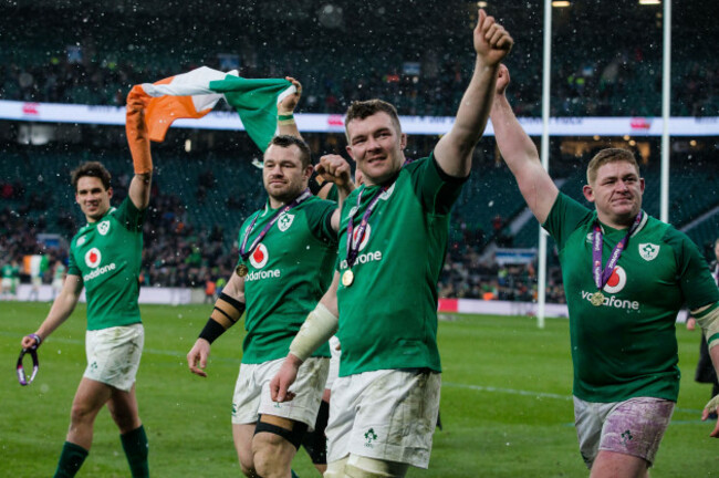 march-17-2018-london-united-kingdom-irelands-cian-healy-irelands-tadhg-furlong-and-irelands-peter-omahony-after-the-six-nations-championship-match-at-twickenham-stadium-london-picture-d
