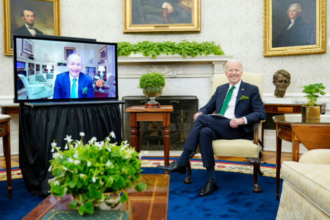 president-joe-biden-meets-virtually-with-irish-prime-minister-micheal-martin-in-the-oval-office-of-the-white-house-thursday-march-17-2022-in-washington-martin-tested-positive-for-covid-19-wednesd