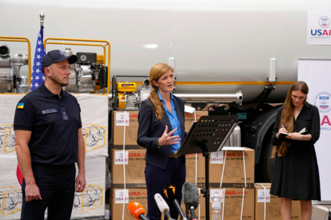 kyiv-ukraine-17-july-2022-u-s-aid-administrator-samantha-power-center-delivers-remarks-after-handing-2-3-million-dollars-in-equipment-to-the-state-emergency-service-head-serhiy-kruk-left-july