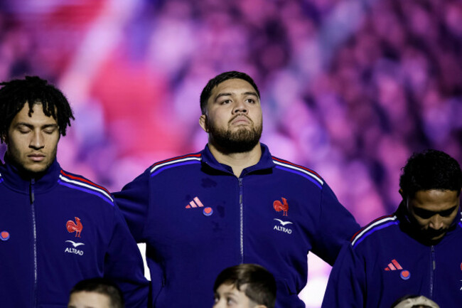 paris-france-16th-nov-2024-paris-france-november-16-emmanuel-meafou-of-france-c-sings-the-national-anthem-with-his-teammates-during-the-autumn-nations-series-2024-match-between-france-and-new