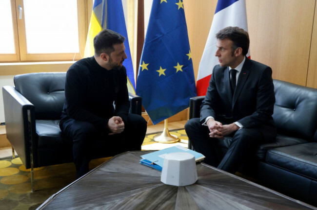 ukraines-president-volodymyr-zelenskyy-left-meets-french-president-emmanuel-macron-on-the-sidelines-of-the-european-council-to-discuss-continued-support-for-ukraine-and-european-defense-in-brussel