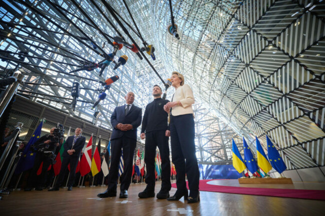 european-council-president-antonio-costa-ukraines-president-volodymyr-zelenskyy-and-european-commission-president-ursula-von-der-leyen-speak-to-press-at-european-union-headquarters-in-brussels-belg