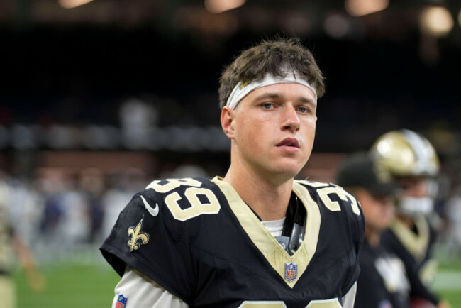 new-orleans-saints-place-kicker-charlie-smyth-39-warms-up-before-an-nfl-preseason-football-game-against-the-tennessee-titans-sunday-aug-25-2024-in-new-orleans-ap-photogerald-herbert