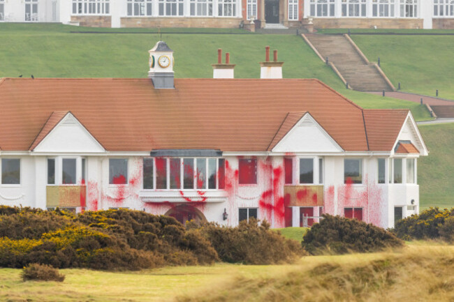 ayr-uk-08-mar-2025-club-house-covered-in-red-paint-as-members-of-group-palestine-action-caused-damage-to-the-trump-owned-site-of-trump-turnberry-golf-club-in-scotland-damage-included-to-the-club
