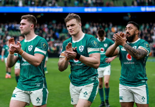 jack-crowley-josh-van-der-flier-and-bundee-aki-applaud-the-fans-after-the-game