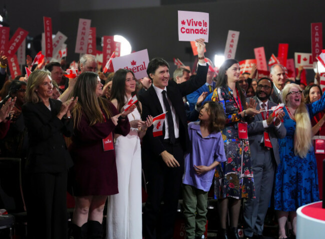 ottawa-canada-09th-mar-2025-prime-minister-justin-trudeau-cheers-as-liberal-party-of-canada-leader-mark-carney-delivers-his-victory-speech-during-the-the-liberal-leadership-announcement-event-in-o