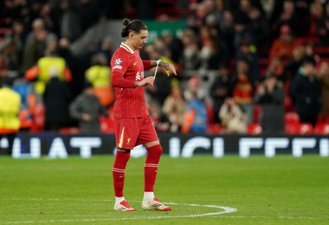 liverpools-darwin-nunez-stands-dejected-after-losing-the-uefa-champions-league-round-of-sixteen-second-leg-match-at-anfield-liverpool-picture-date-tuesday-march-11-2025