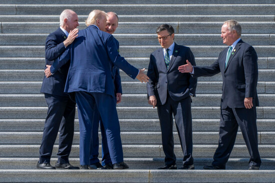 president-donald-trump-second-from-left-is-greeted-by-irelands-prime-minister-michael-martin-third-from-left-and-speaker-of-the-house-mike-johnson-r-la-second-from-right-and-members-of-congre