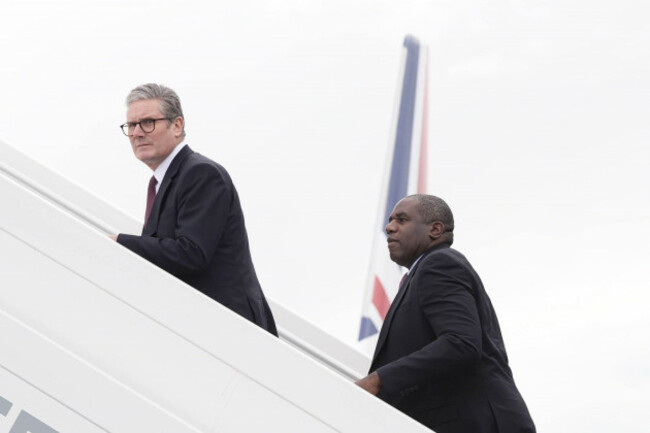 prime-minister-sir-keir-starmer-left-and-foreign-secretary-david-lammy-board-a-plane-as-they-depart-from-stansted-airport-in-essex-to-travel-to-washington-dc-picture-date-thursday-september-12-2