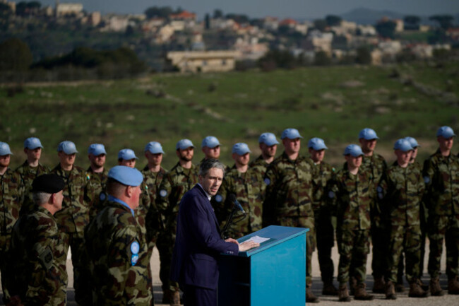 tanaiste-simon-harris-addresses-troops-during-his-visit-camp-shamrock-near-the-border-with-lebanon-and-israel-to-visit-irish-defence-forces-troops-serving-with-the-unifil-peacekeeping-mission-amid-esc