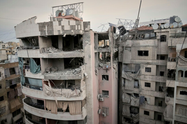 a-damaged-apartment-building-is-seen-after-being-struck-earlier-by-an-israeli-targeted-attack-in-dahiyeh-a-southern-suburb-of-beirut-lebanon-early-tuesday-april-1-2025-ap-photohussein-malla