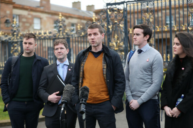 ciaran-mac-giolla-bhein-centre-and-other-members-of-irish-language-group-conradh-na-gaeilge-cng-speak-to-the-media-after-meeting-with-secretary-of-state-for-northern-ireland-julian-smith-at-hillsb