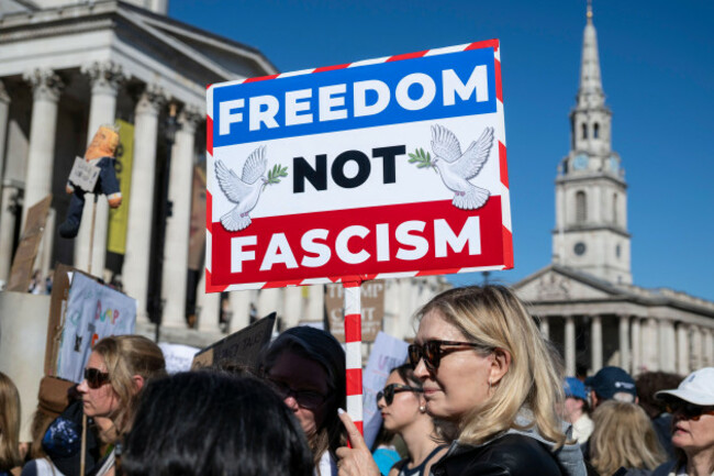 london-uk-5-april-2025-people-at-a-hands-off-protest-in-trafalgar-square-protesting-against-donald-trump-president-of-the-united-states-elon-musk-head-of-the-department-of-government-efficien