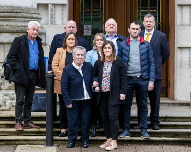 bridie-brown-front-left-the-widow-of-murdered-gaa-official-sean-brown-with-family-members-and-legal-team-outside-belfast-high-court-picture-date-thursday-march-30-2023