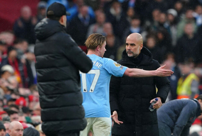 manchester-citys-kevin-de-bruyne-argues-with-manager-pep-guardiola-after-being-substituted-during-the-premier-league-match-at-anfield-liverpool-picture-date-sunday-march-10-2024