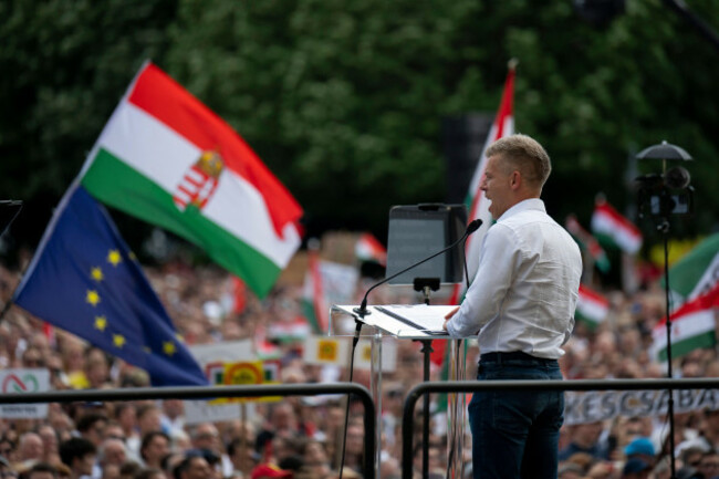 peter-magyar-a-rising-challenger-to-hungarian-prime-minister-viktor-orban-addresses-people-at-a-campaign-rally-in-the-rural-city-of-debrecen-hungary-on-sunday-may-5-2024-magyar-whose-tisza-par