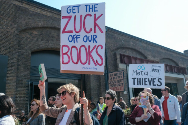 london-uk-3rd-april-2025-members-of-the-society-of-authors-soa-protested-outside-meta-in-kings-cross-over-the-companys-alleged-use-of-books-used-to-train-ai-models-the-protesters-demand-fair