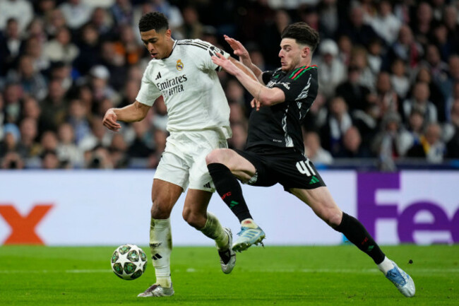 madrid-spain-16th-apr-2025-jude-bellingham-of-real-madrid-cf-and-declan-rice-of-arsenal-fc-during-the-uefa-champions-league-match-quarter-finals-second-leg-between-real-madrid-and-arsenal-fc-pl