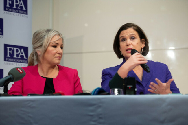 london-uk-08-feb-2024-pictured-newly-elected-northern-ireland-first-minister-michelle-oneill-l-with-president-of-sinn-fein-mary-lou-mcdonald-r-speaks-at-a-press-conference-organised-by-the
