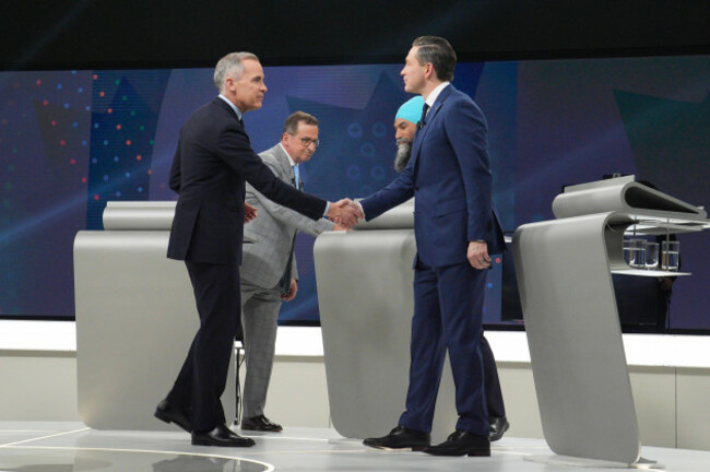 montreal-canada-16th-apr-2025-liberal-leader-mark-carney-conservative-leader-pierre-poilievre-bloc-quebecois-leader-yves-francois-blanchet-and-new-democratic-party-leader-jagmeet-singh-shake-han