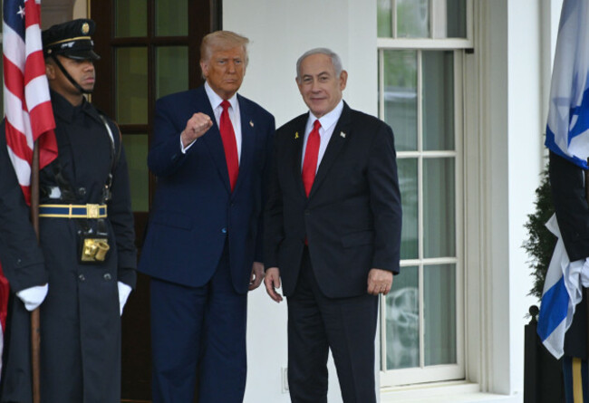 washington-usa-7th-april-2025-us-president-donald-trump-r2-greets-israeli-prime-minister-benjamin-netanyahu-r1-as-he-arrives-at-the-white-house-for-a-meeting-on-april-7-2025-in-washington-dc