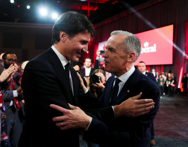 liberal-party-of-canada-leader-mark-carney-right-speaks-to-canadian-prime-minister-justin-trudeau-after-carney-was-announced-as-the-winner-of-the-party-leadership-at-the-announcement-event-in-ottawa