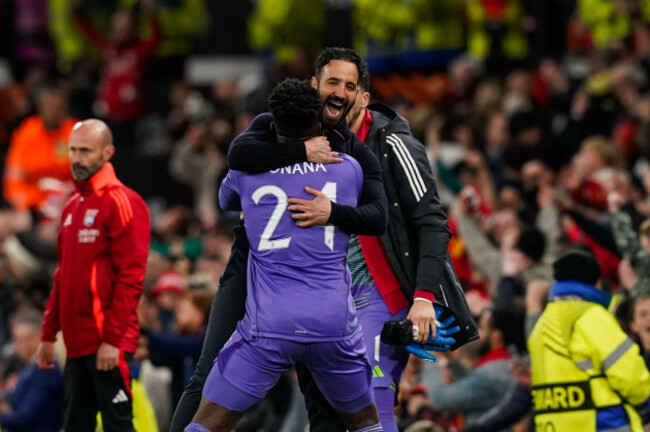 manchester-uk-17th-apr-2025-ruben-amorim-manager-of-manchester-united-celebrates-harry-maguires-goal-to-make-it-5-4-with-andre-onana-during-the-manchester-united-vs-olympique-lyonnais-quarter-fin